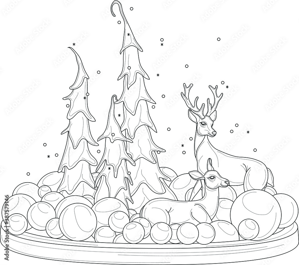 Cartoon deers with Christmas decoration balls and pine trees sketch template. Graphic vector illustration in black and white for games, background, pattern, decor. Coloring paper, page, story book