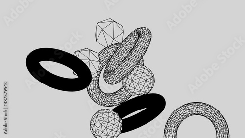 Artistic 3d render of primitive geometric shapes levitation. Minimal motion design with rotating objects pattern. Futuristic background animation. Decorative visual contrasts.