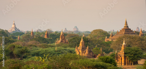 View from above, stunning aerial view of the Bagan Archaeological Zone, Myanmar. Bagan is an ancient city and a Unesco World Heritage Site located in the Mandalay Region of Myanmar.