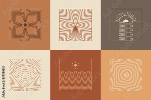 Vector set of linear boho icons and symbols - sun logo design templates  and pritns - abstract design elements for decoration in modern minimalist style