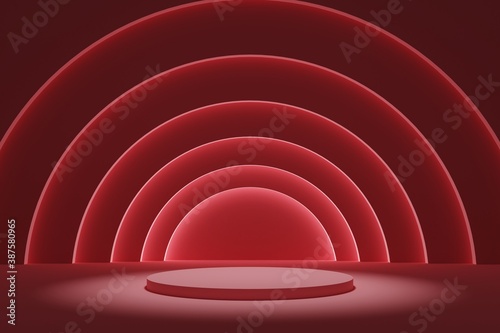 Fototapeta Naklejka Na Ścianę i Meble -  Red background tunnel podium with glowing architectural elements 3d illustration