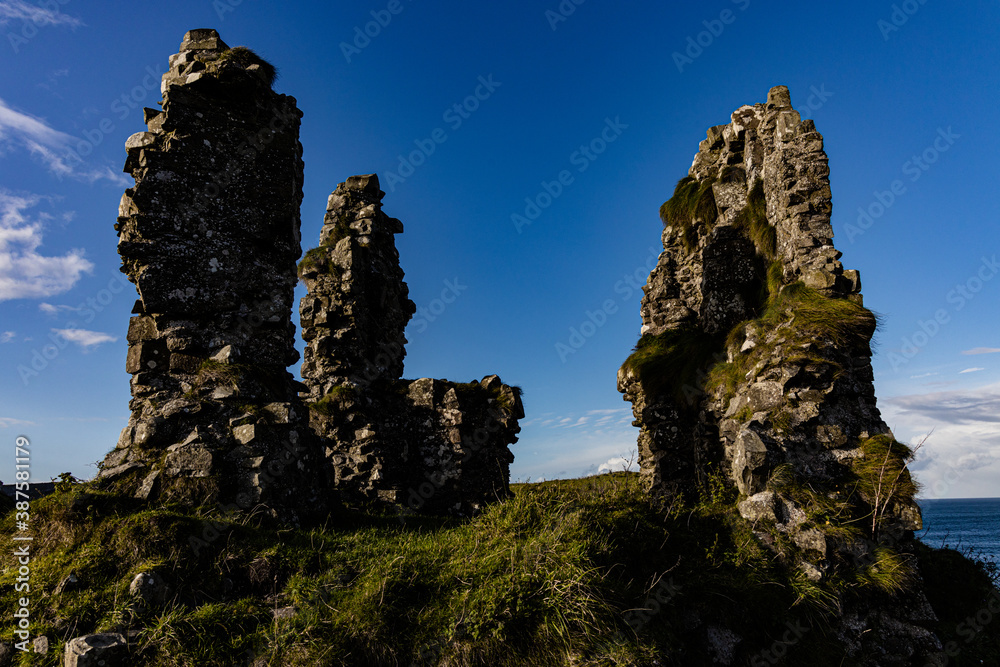 Historical Dunseverick Castle ruins, Atlantic Ocean, Causeway Coast and Glens, Causeway Coastal Route, Area of outstanding Natural Beauty, County Antrim, Northern Ireland