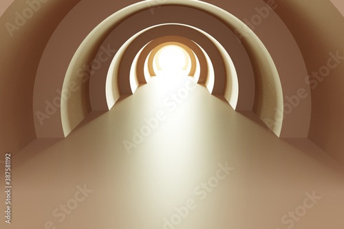 Fototapeta Naklejka Na Ścianę i Meble -  Gold background arch tunnel with glowing architectural elements 3d illustration