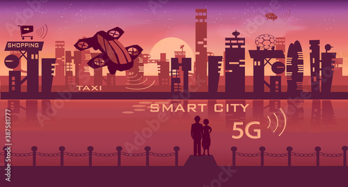 Futuristic city. 5G internet. Romantic sunset. Lovers. Taxi drone. Smart city. Futuristic technology.Infographic.Hybrid car.