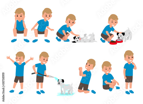 Cute little boy character activities set playing with dogs flat illustration isolated on layers 