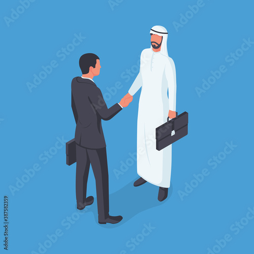 Business Arab partner. Handshake of a European with an Arab. Landing page business people deal. Political meeting. Isometric 3D design. Vector illustration. Deal agreement. Shake hand.