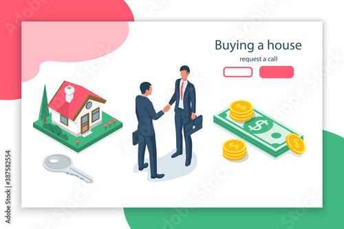 Landing page buying house. Real estate deal, shake hands. Exchange of money at home. Purchase home. Vector illustration 3d isometric design.