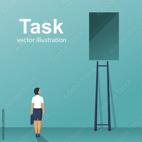 Task concept. Businesswoman is standing in front of wall with window at top. Vector illustration flat design. Isolated on white background. Problem solving. Overcoming obstacles.