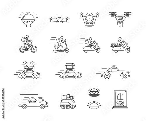 Set online delivery line icons with drone, car, courier on scooter and bike
