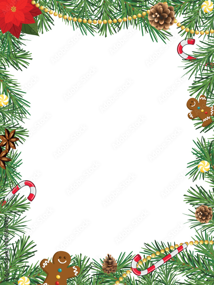 Christmas frame with pine branches, poinsettia, Christmas tree decor and Christmas sweets Christmas frame with pine branches, poinsettia, Christmas tree decor and Christmas sweets
