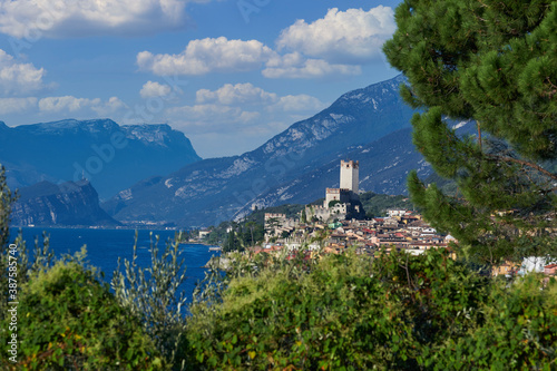 Scaliger Castle in Malcesine Lake Garda Italy. Panoramic view of the old town of Malcesine. Italian resort on Lake Garda. Palazzo dei Capitani is a historic building in Italy.