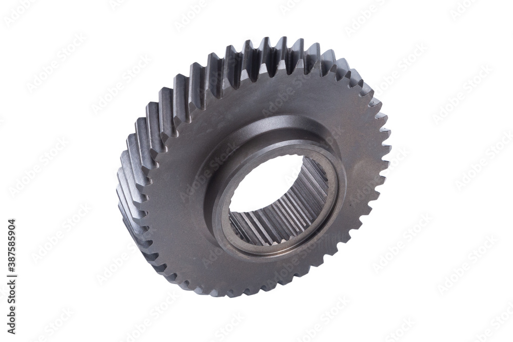 New details on a white background. Transmission gears of the gearshift torque. Conceptually mechanical background. Shiny gear box teeth New details on a white background. Transmission gears of the gearshift torque. Conceptually mechanical background. Shiny gear box teeth