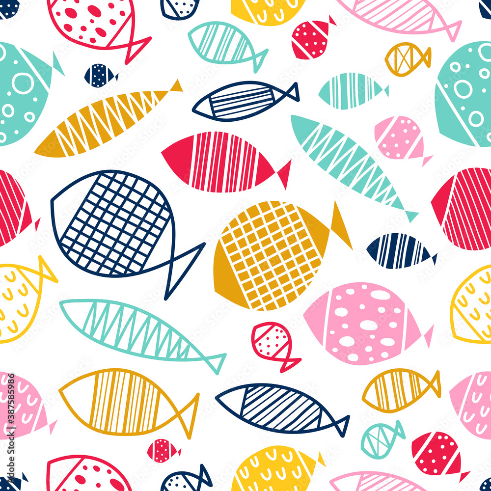 Cute fish. Vector seamless pattern.  Can be used in textile industry, paper, background, scrapbooking.