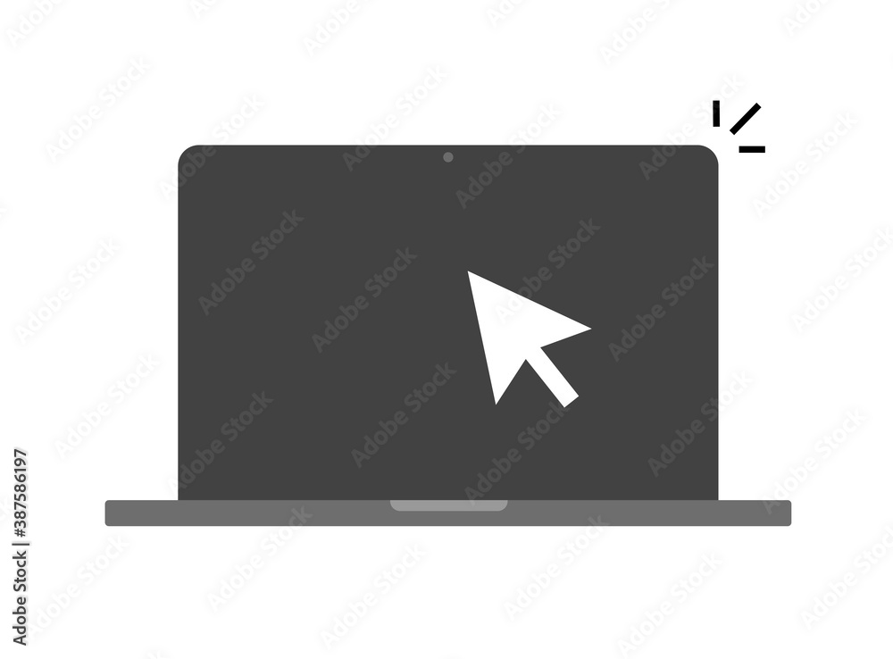 Laptop computer and pointer mouse cursor icon vector symbol flat cartoon, notebook pc screen with clicking arrow pictogram isolated black and white Laptop computer and pointer mouse cursor icon vector symbol flat cartoon, notebook pc screen with clicking arrow pictogram isolated black and white