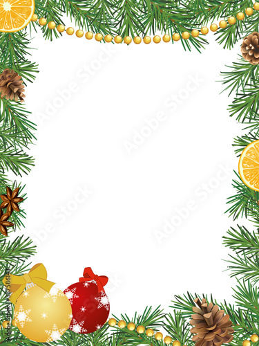 
Christmas frame with pine branches, cones and Christmas tree decor