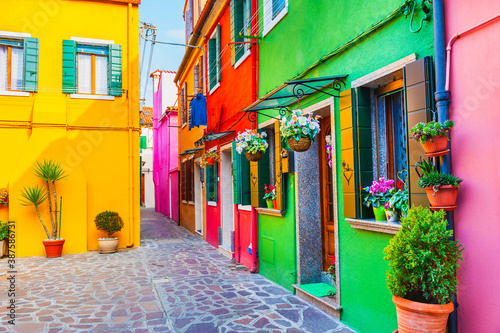 Colorful architecture in Burano island, Venice, Italy. Cozy courtyard with flowers. Famous travel destination © smallredgirl