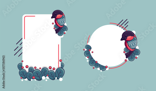 Set of stickers "Cute bullfinch with spruce branches". Bullfinch, spruce, red berries.