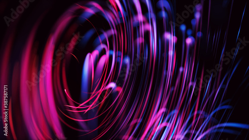 Futuristic digital artwork wallpaper. Glowing circular motion streaks and light traces on dark background