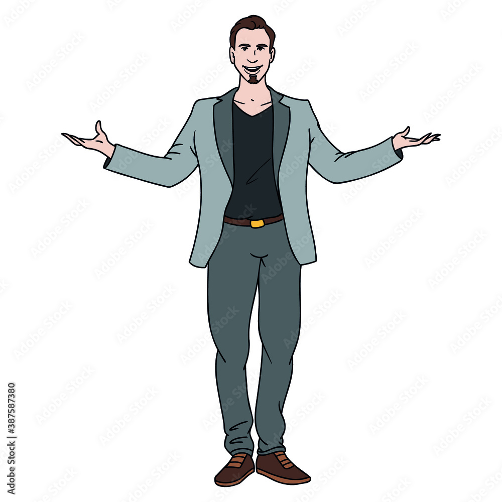 illustration of a man with arms outstretched and wearing a gray suit
