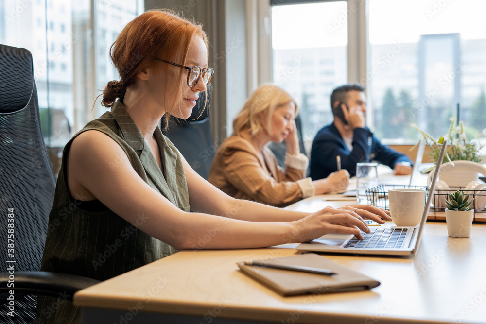 Fototapeta premium Contemporary young businesswoman and her busy colleagues working individually