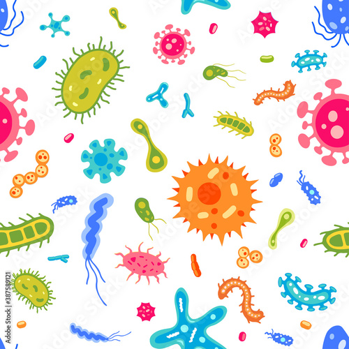 Vector seamless pattern: flat virus and microbe illustrations. Bacterium icon set. Colourful cartoon amoebas and bacillus texture. Beautiful collection of microorganisms.
