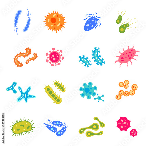 Vector collection of flat virus and microbe illustrations. Bacterium icon set. Colourful cartoon amoebas and bacillus. Beautiful collection of microorganisms. 