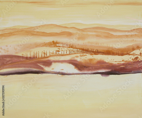 Acrylic painting of a yellow, orange, brown colored colorful Tuscan landscape with trees and cypresses, flowing paint, splashes of paint and drops, copy space