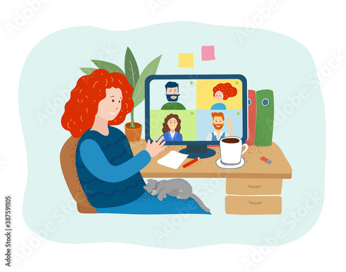 Young woman having videoconference. Video conference from home for online meetings and work with colleagues. Monitor with people during corporate video call. Vector flat illustration