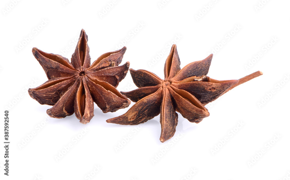 Star anise spice fruits and seeds isolated on white background closeup Star anise spice fruits and seeds isolated on white background closeup