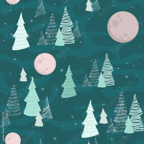 Vector image of sketchy Christmas trees drawn with strokes and lines next to a huge full moon and snowflakes on a camouflage green background. Seamless background for wallpaper, textile and wrapping