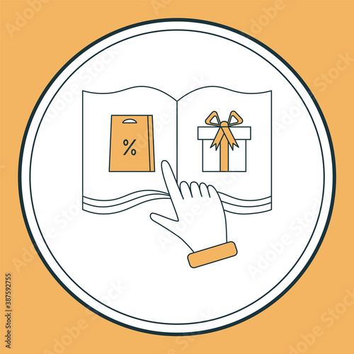 Choosing goods in  product catalog. Vector line icon