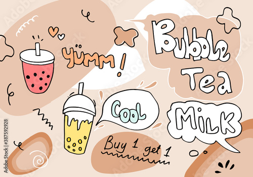 Bubble milk tea Special Promotions design, Boba milk tea, Pearl milk tea , Yummy drinks, coffees and soft drinks with logo and doodle style advertisement banner. Vector illustration. © tedi