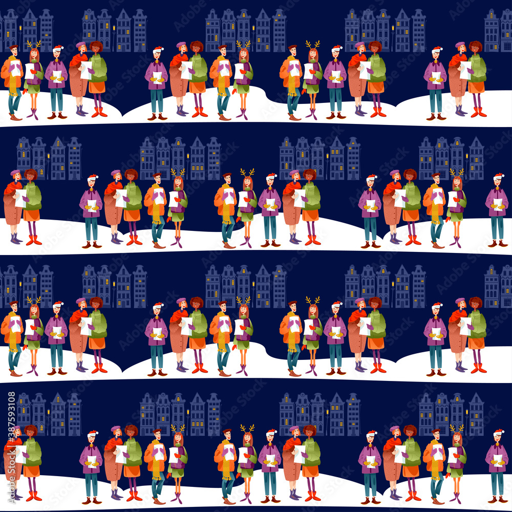 Christmas carol group. Group of people singing. Christmas tradition. Seamless background pattern. Vector illustration