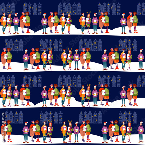 Christmas carol group. Group of people singing. Christmas tradition. Seamless background pattern. Vector illustration