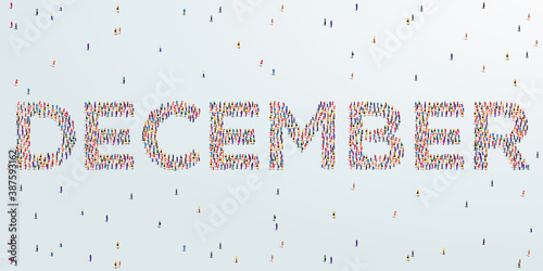 Month December. Large group of people form to create December. Vector Illustration.
