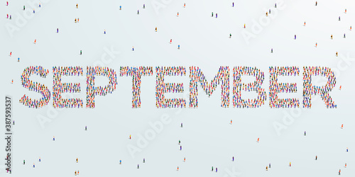 Month September. Large group of people form to create September. Vector Illustration.