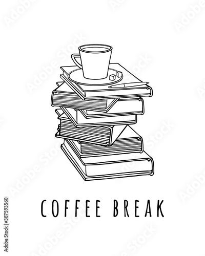 Book stack with a coffee cup and a pen. Hand drawn black and white illustration coffee break or coffee time.