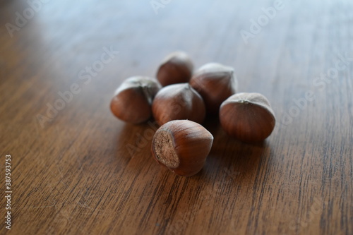 hazelnuts on wooden table