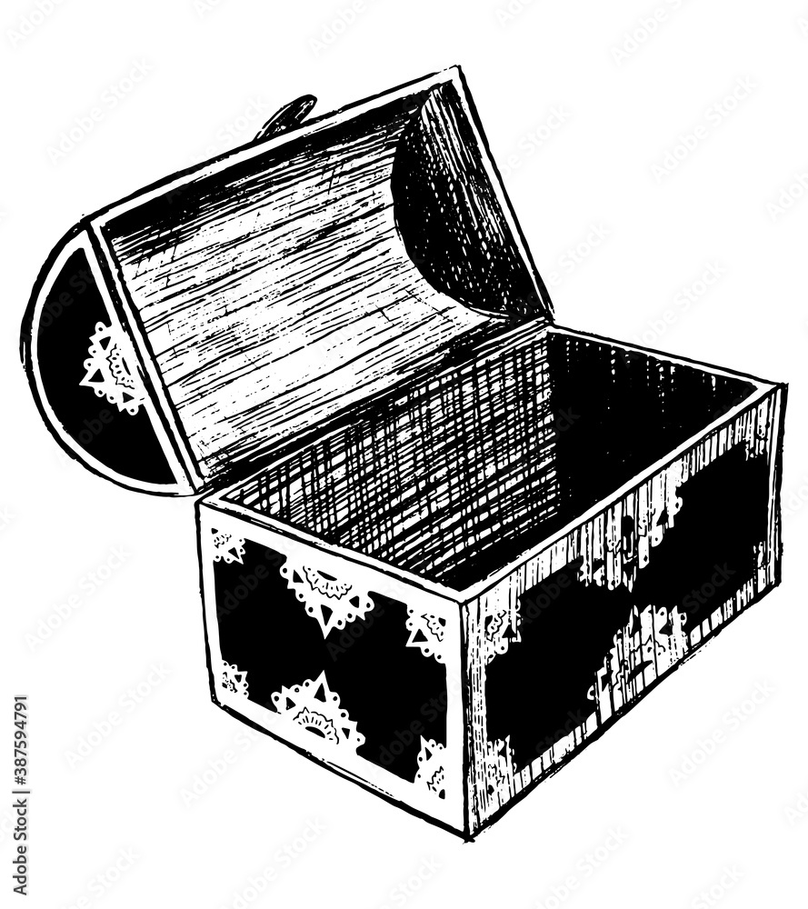 Beautiful open old chest. Hand drawn vector contour illustration