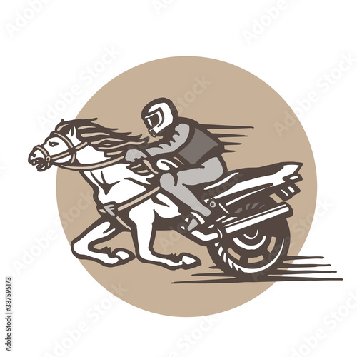 Vector emblem with a rider on a horse, motorbike and circular inscription. Eps-8