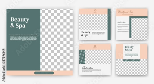 Set of editable square banner templates. Social media post beauty and spa. Green and cream color with abstract shape line and photo collage. Suitable for social media post, and web internet ads