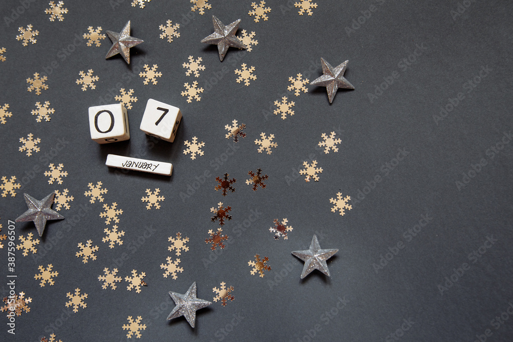 Happy new year 07 January white cubes with numbers and gold stars Happy new year 07 January white cubes with numbers and gold stars