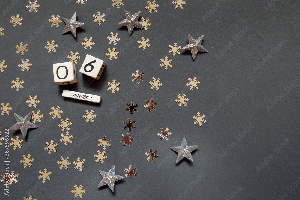 Happy new year 06 January white cubes with numbers and gold stars Happy new year 06 January white cubes with numbers and gold stars