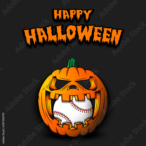Happy Halloween. Baseball ball inside frightening pumpkin. The pumpkin swallowed the ball with burning eyes. Design template for banner, poster, greeting card, party invitation. Vector illustration