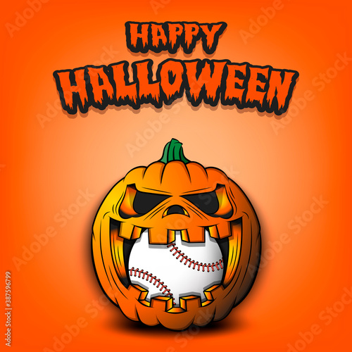 Happy Halloween. Baseball ball inside frightening pumpkin. The pumpkin swallowed the ball with burning eyes. Design template for banner, poster, greeting card, party invitation. Vector illustration