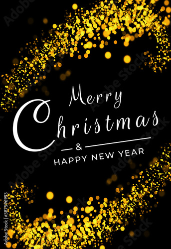 Merry Christmas postcard banner, decorations on black background