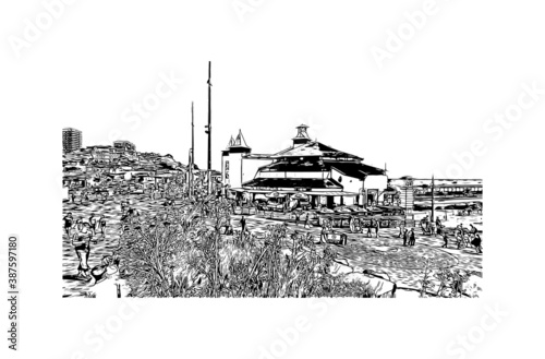 Building view with landmark of Bournemouth is a coastal resort town on the south coast of England. Hand drawn sketch illustration in vector.