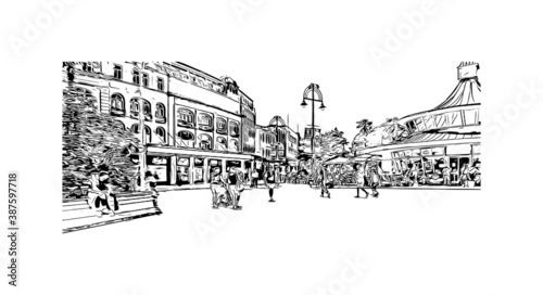 Building view with landmark of Bournemouth is a coastal resort town on the south coast of England. Hand drawn sketch illustration in vector.
