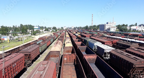 Railway station, train freight cars, top view.