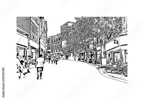 Building view with landmark of Bournemouth is a coastal resort town on the south coast of England. Hand drawn sketch illustration in vector.